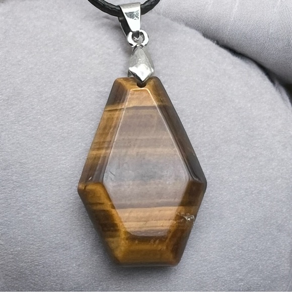 New Tigers Eye Stone Shaped Coffin Pendant Necklace with Cord - Picture 1 of 5